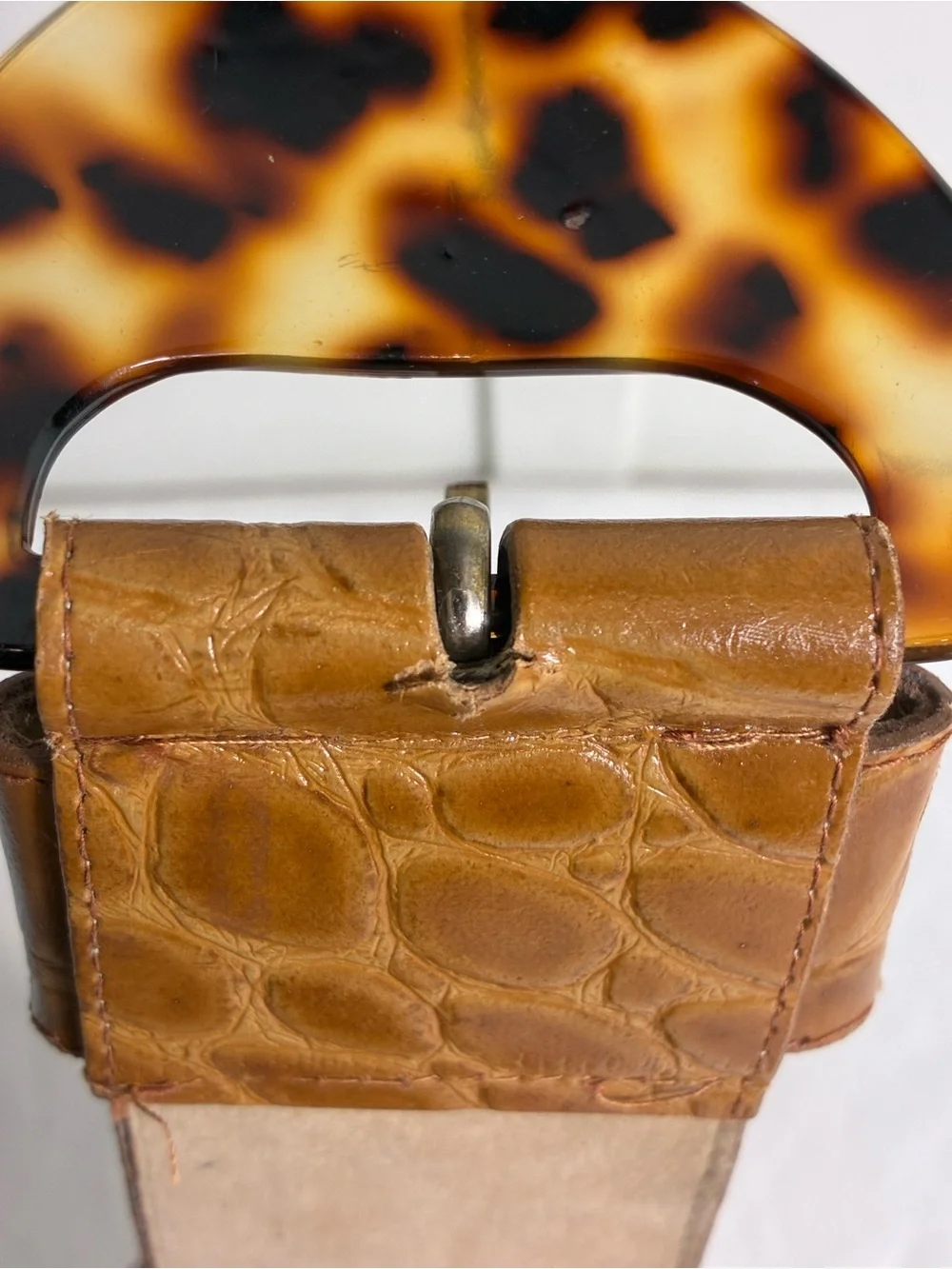 Womens belt 35” long Brown Croc-Textured faux leather Tortoiseshell Buckle